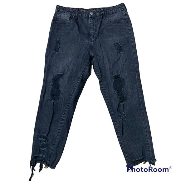 Fashion Nova Jr 9 Jeans Distressed Holes Relaxed High Rise Black Denim Women’s - Picture 1 of 7